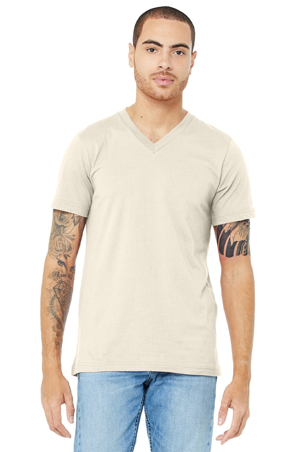 Mens Jersey Short Sleeve V-Neck T-Shirt - Natural - NEW