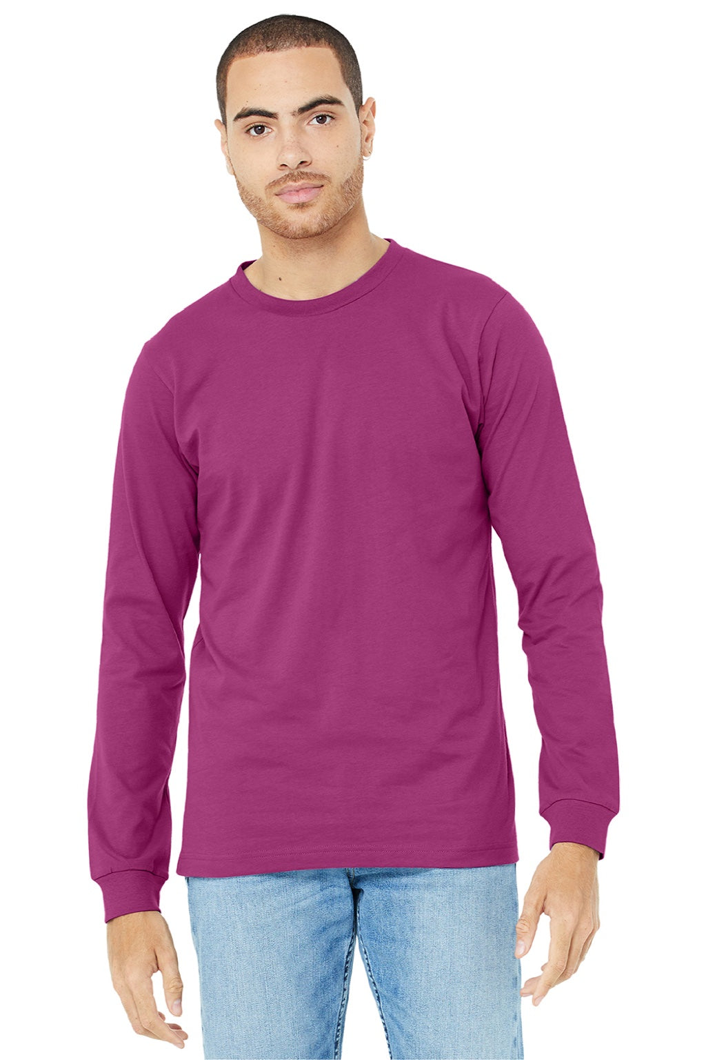 Mens Jersey Long Sleeve Crewneck T-Shirt - Berry Pink - NEW