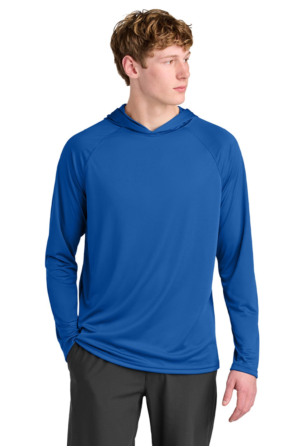 Mens Performance Moisture Wicking Long Sleeve Hooded T-Shirt Hoodie - Royal Blue