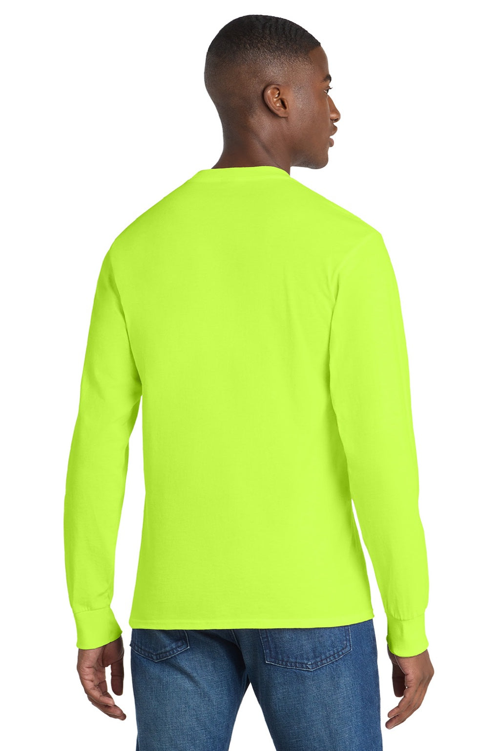 Mens Essential Long Sleeve Crewneck T-Shirt w/ Pocket - Safety Green - NEW