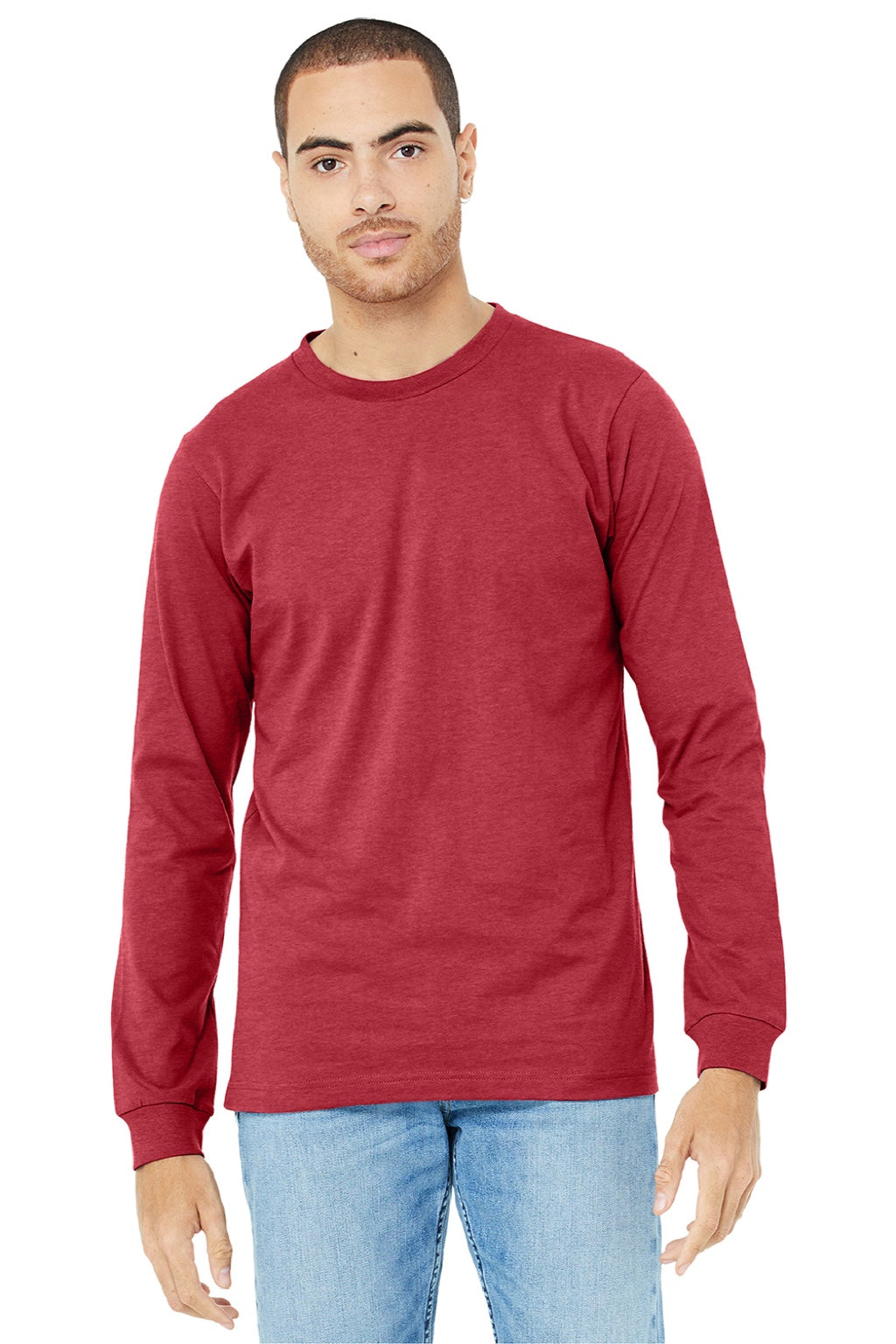 Mens CVC Long Sleeve Crewneck T-Shirt - Heather Red - NEW