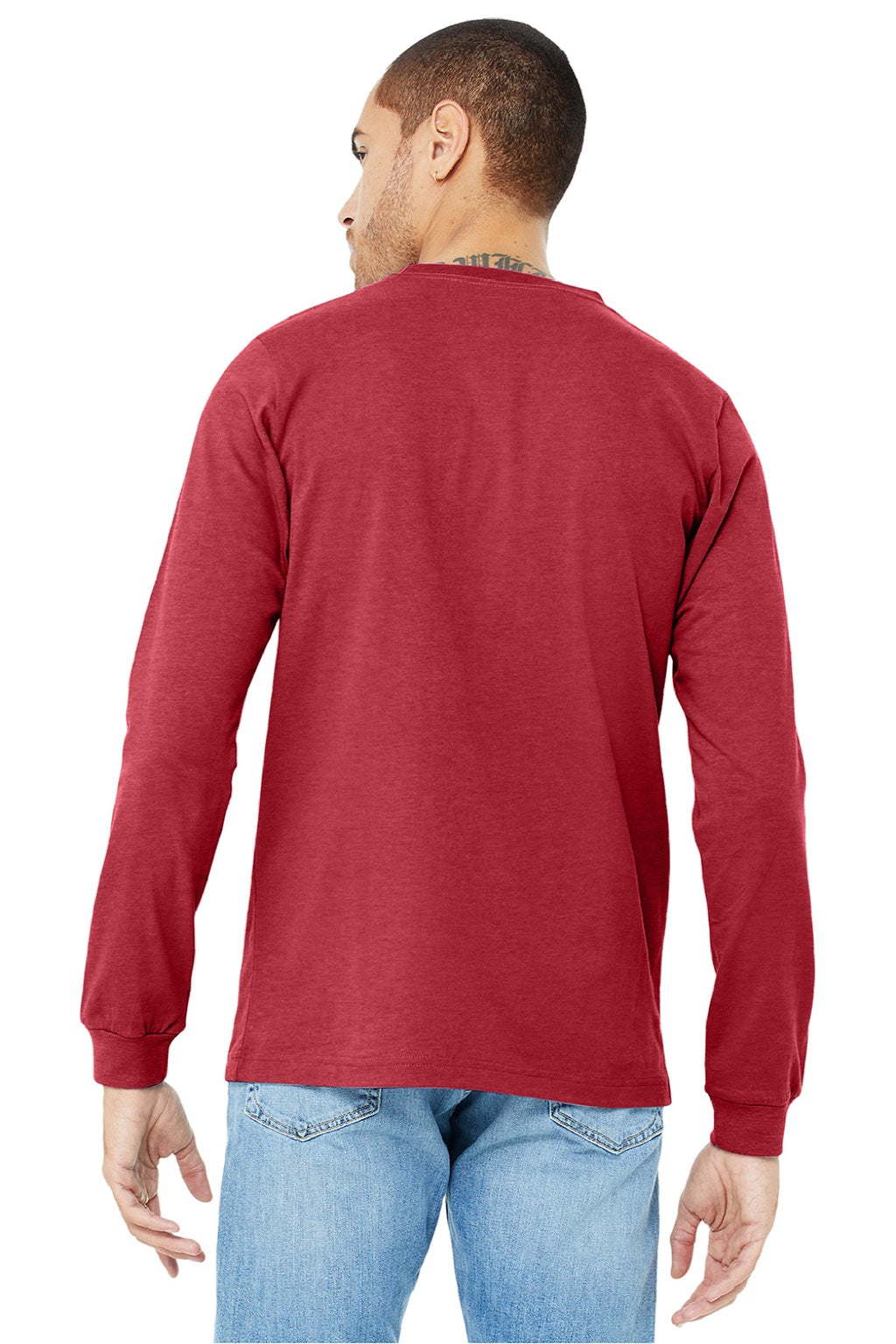 Mens CVC Long Sleeve Crewneck T-Shirt - Heather Red - NEW