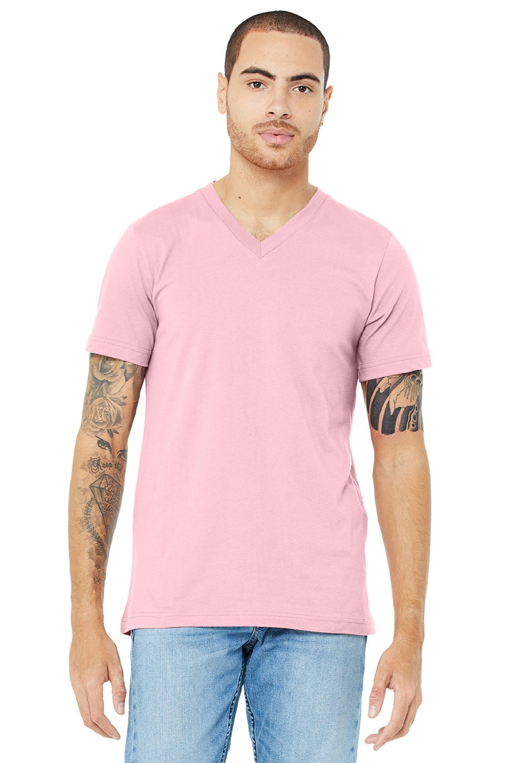 Mens Jersey Short Sleeve V-Neck T-Shirt - Pink - NEW