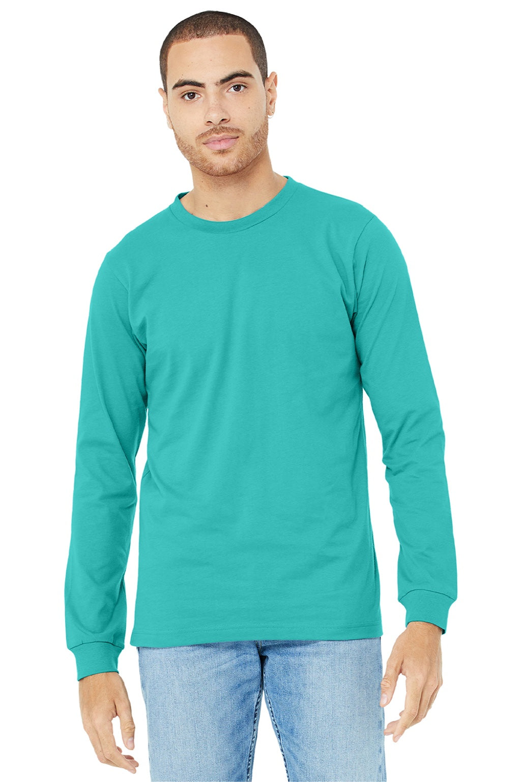 Mens Jersey Long Sleeve Crewneck T-Shirt - Teal Green - NEW
