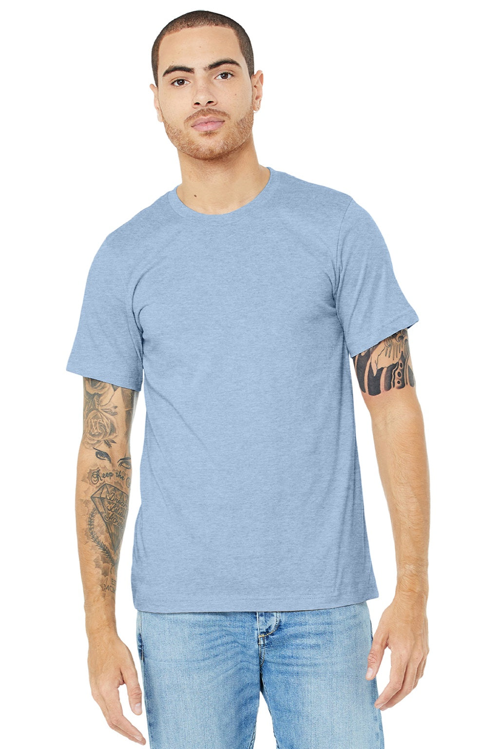Mens Heather CVC Short Sleeve Crewneck T-Shirt - Heather Baby Blue - NEW