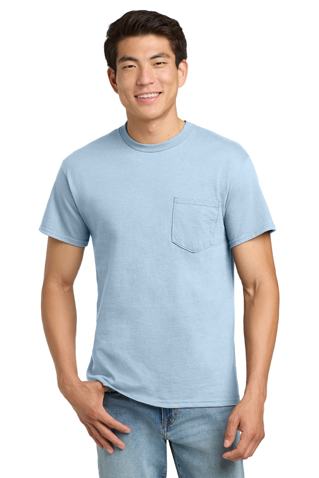 Mens Ultra Short Sleeve Crewneck T-Shirt w/ Pocket - Light Blue - NEW