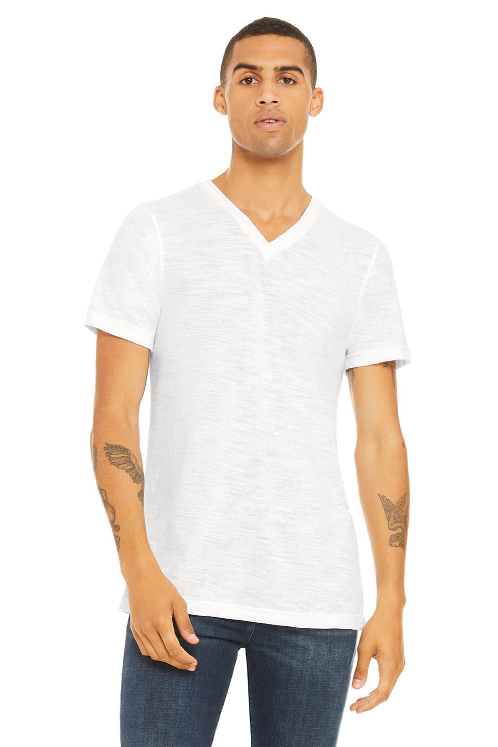 Mens Textured Jersey Short Sleeve V-Neck T-Shirt - White Slub - NEW