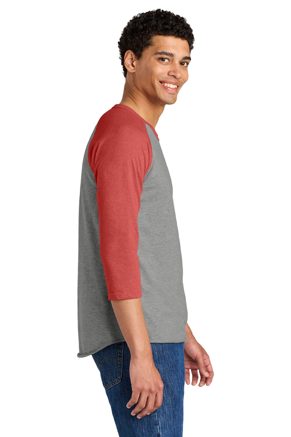Mens Premium Blend Baseball Moisture Wicking 3/4 Sleeve Crewneck T-Shirt - Oxford Grey/Heather Fiery Red - NEW