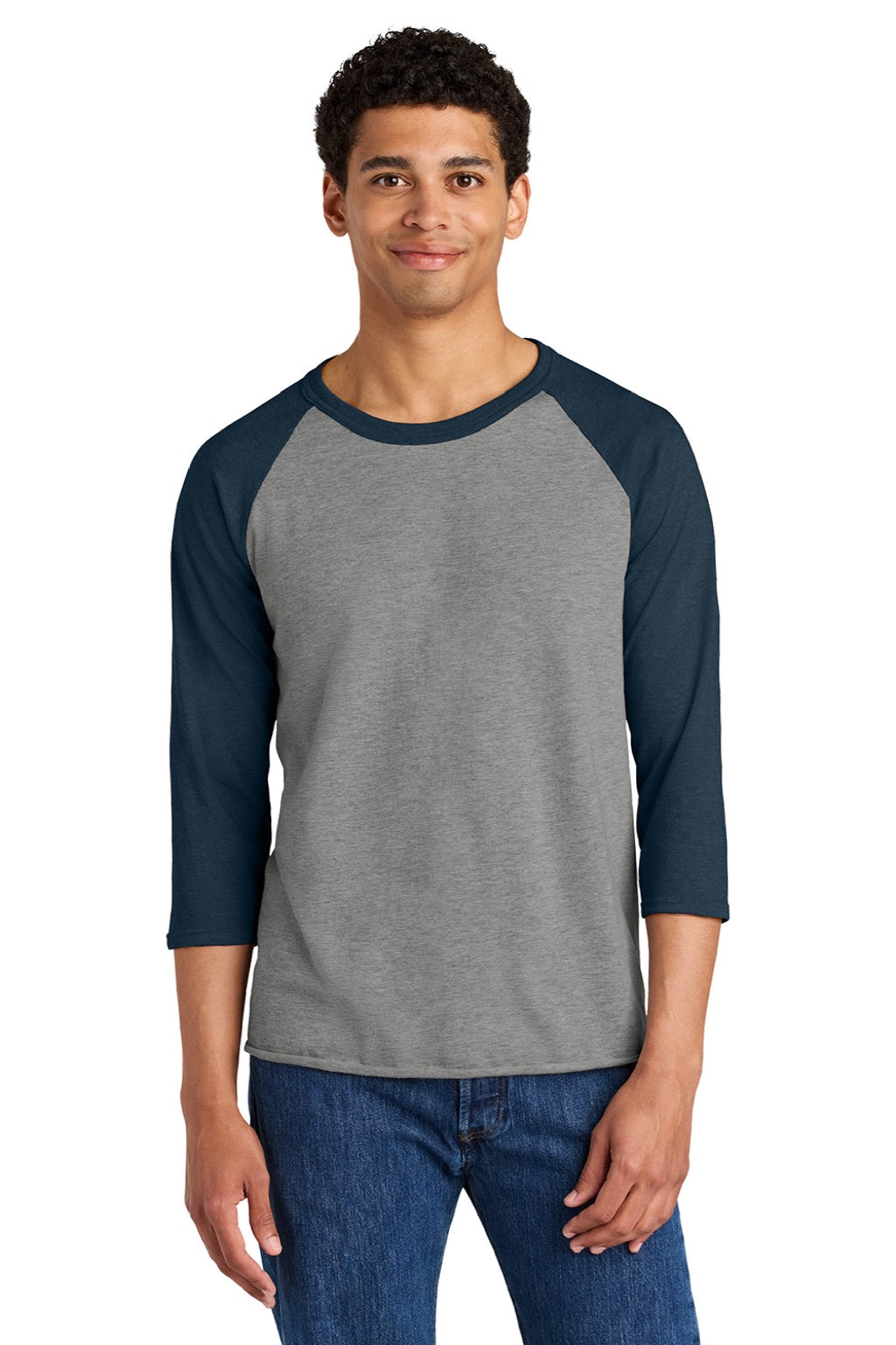 Mens Premium Blend Baseball Moisture Wicking 3/4 Sleeve Crewneck T-Shirt - Oxford Grey/Heather Indigo Blue - NEW