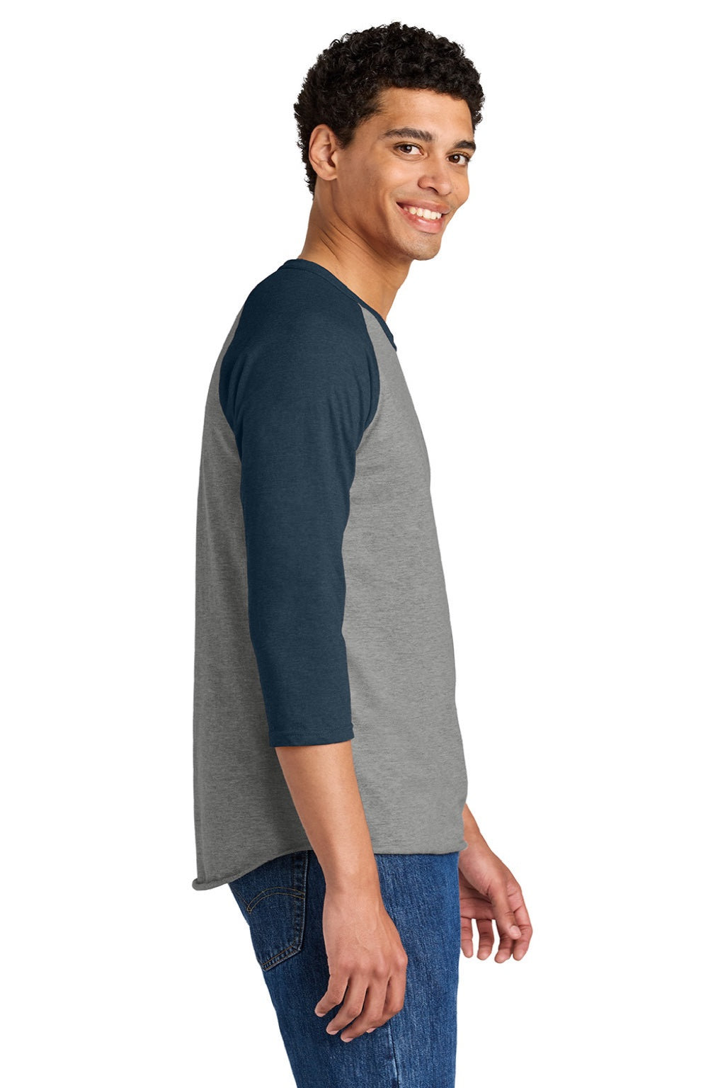 Mens Premium Blend Baseball Moisture Wicking 3/4 Sleeve Crewneck T-Shirt - Oxford Grey/Heather Indigo Blue - NEW
