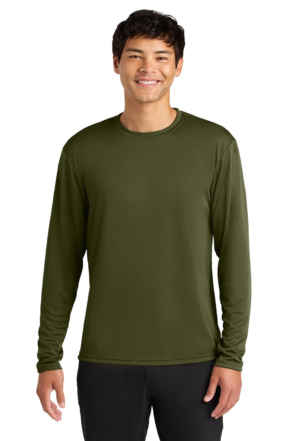 Mens Performance Moisture Wicking Long Sleeve Crewneck T-Shirt - Military Green