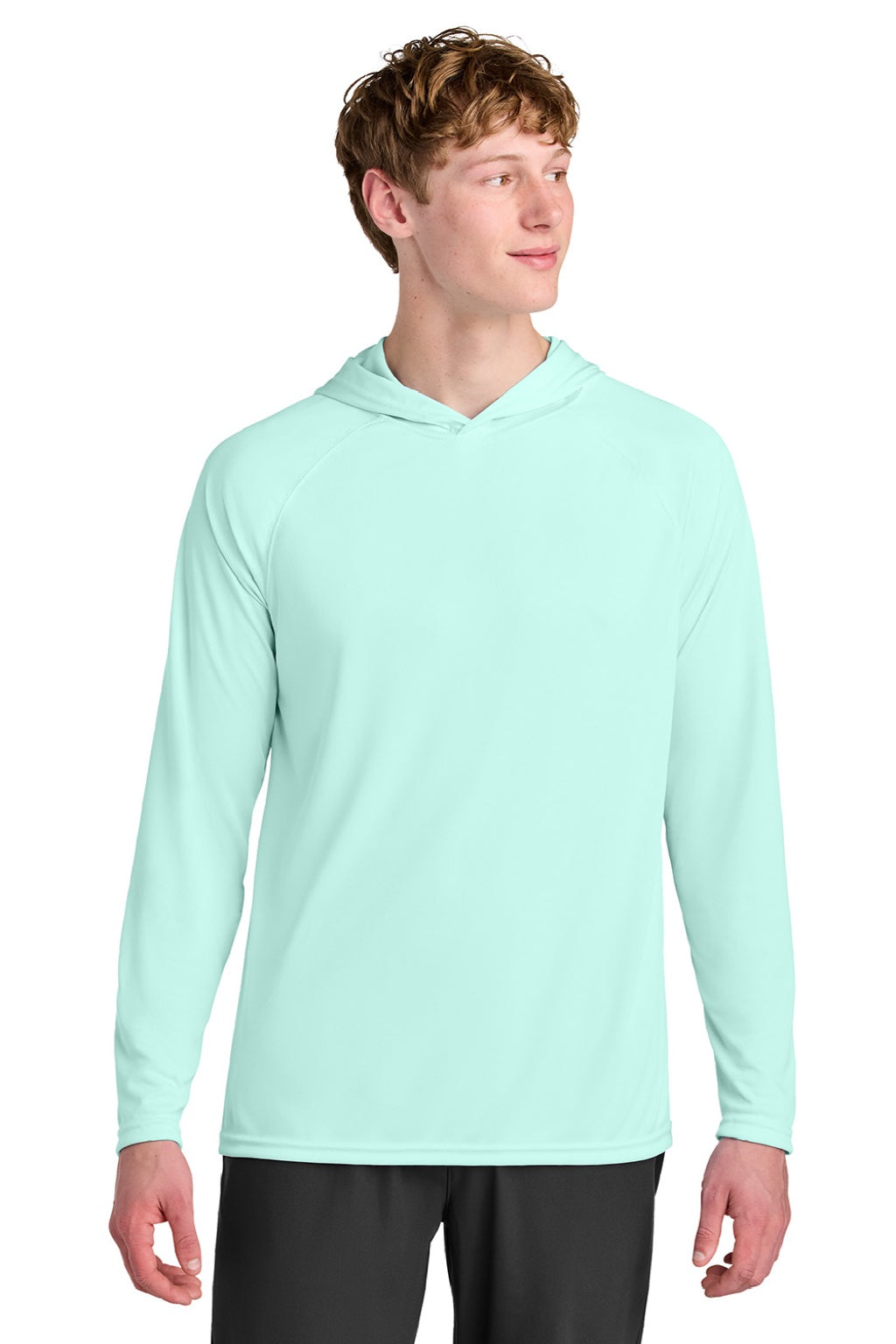 Mens Performance Moisture Wicking Long Sleeve Hooded T-Shirt Hoodie - Pastel Mint