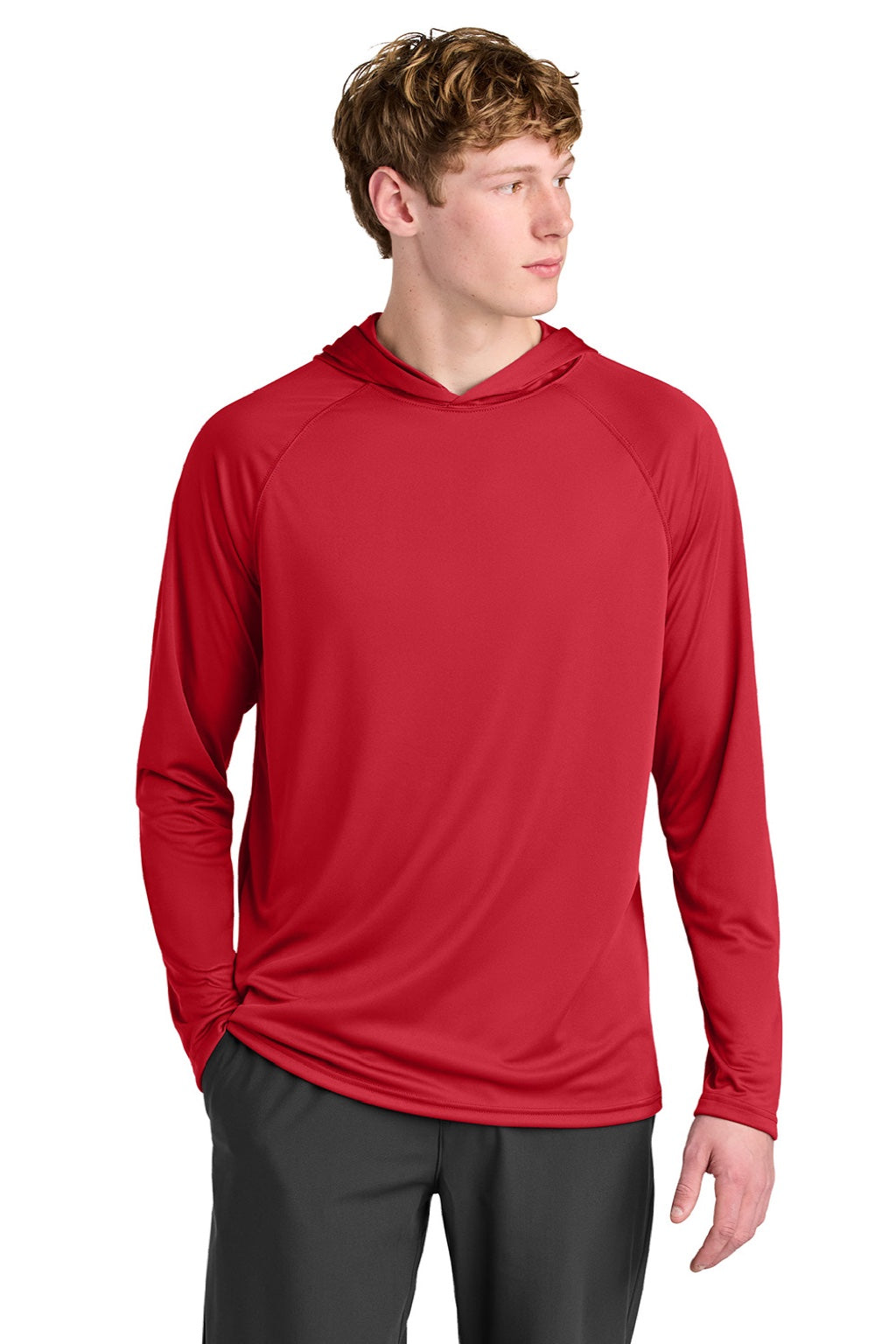 Mens Performance Moisture Wicking Long Sleeve Hooded T-Shirt Hoodie - Scarlet Red