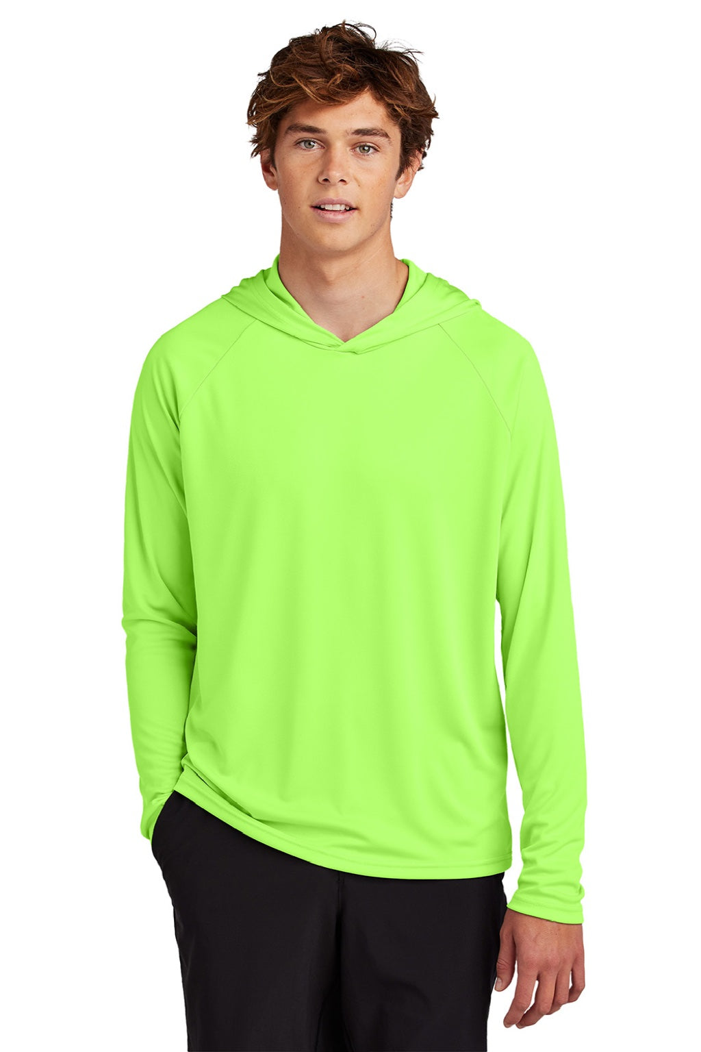 Mens DryZone Performance Moisture Wicking Long Sleeve Hooded T-Shirt Hoodie - Neon Green - NEW