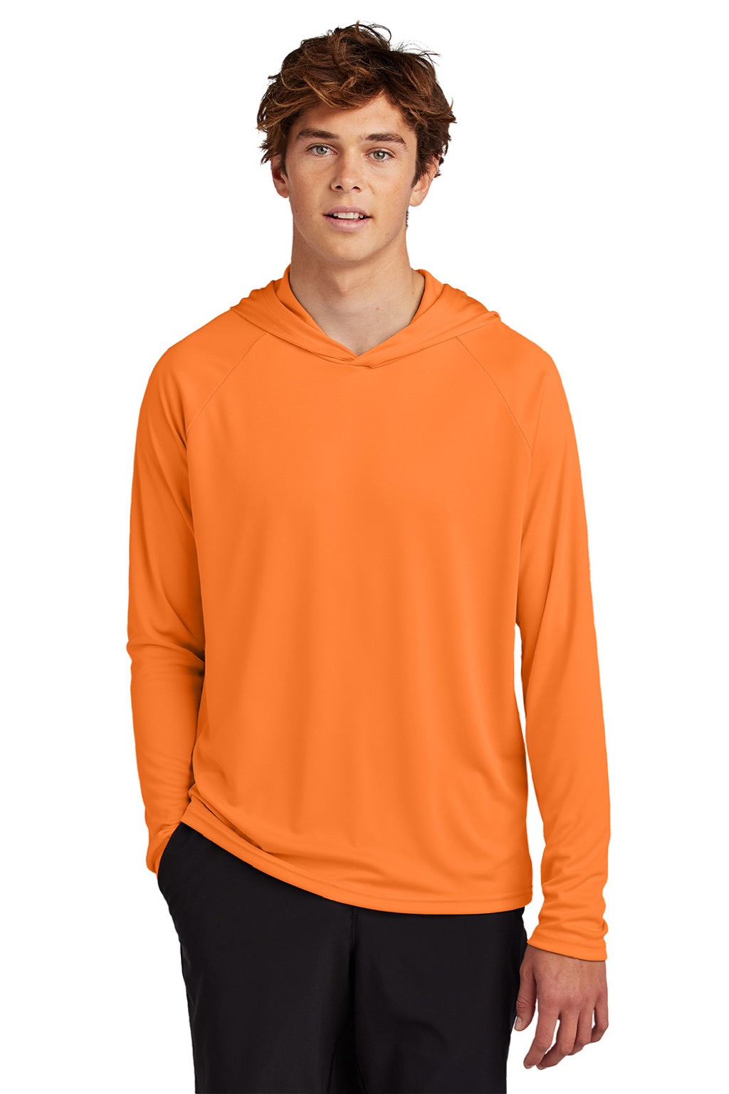 Mens DryZone Performance Moisture Wicking Long Sleeve Hooded T-Shirt Hoodie - Neon Orange - NEW