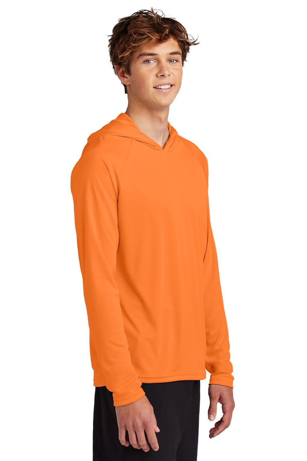 Mens DryZone Performance Moisture Wicking Long Sleeve Hooded T-Shirt Hoodie - Neon Orange - NEW