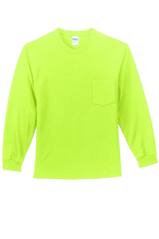 Mens Essential Long Sleeve Crewneck T-Shirt w/ Pocket - Safety Green - NEW