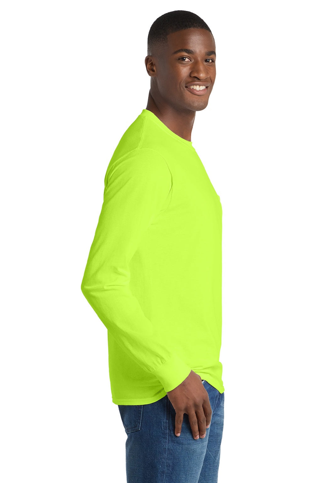 Mens Essential Long Sleeve Crewneck T-Shirt w/ Pocket - Safety Green - NEW