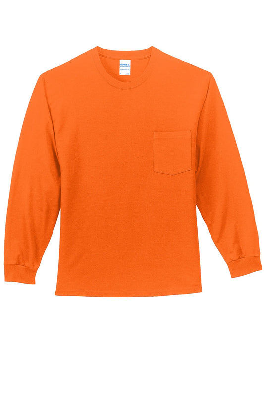 Mens Essential Long Sleeve Crewneck T-Shirt w/ Pocket - Safety Orange - NEW