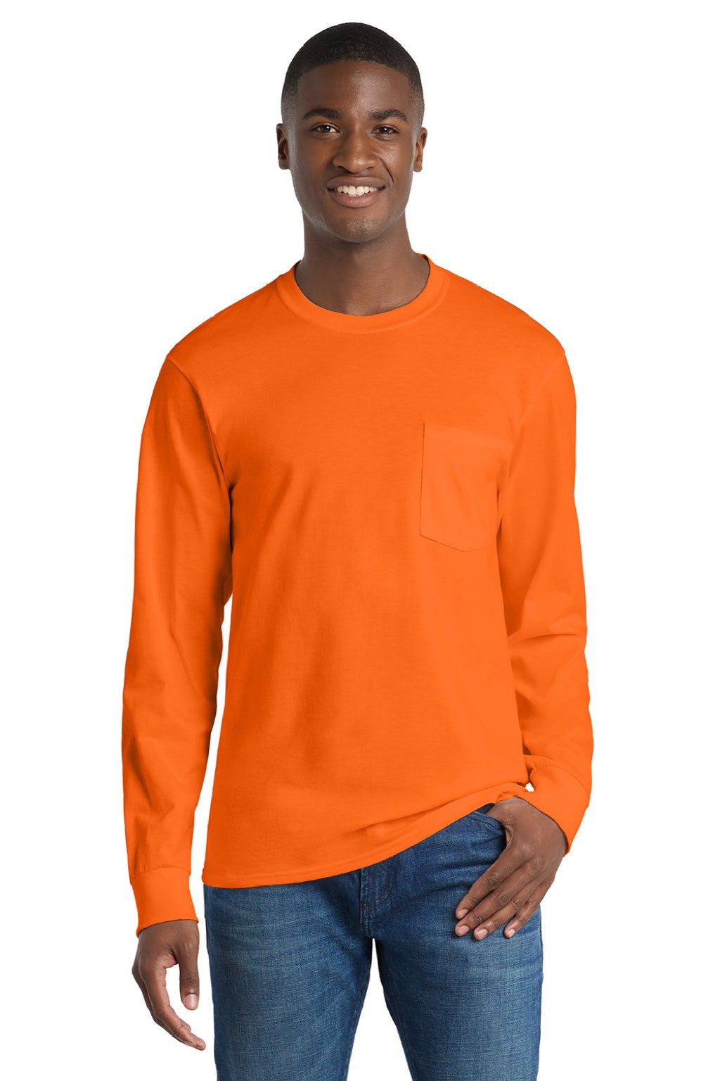 Mens Essential Long Sleeve Crewneck T-Shirt w/ Pocket - Safety Orange - NEW