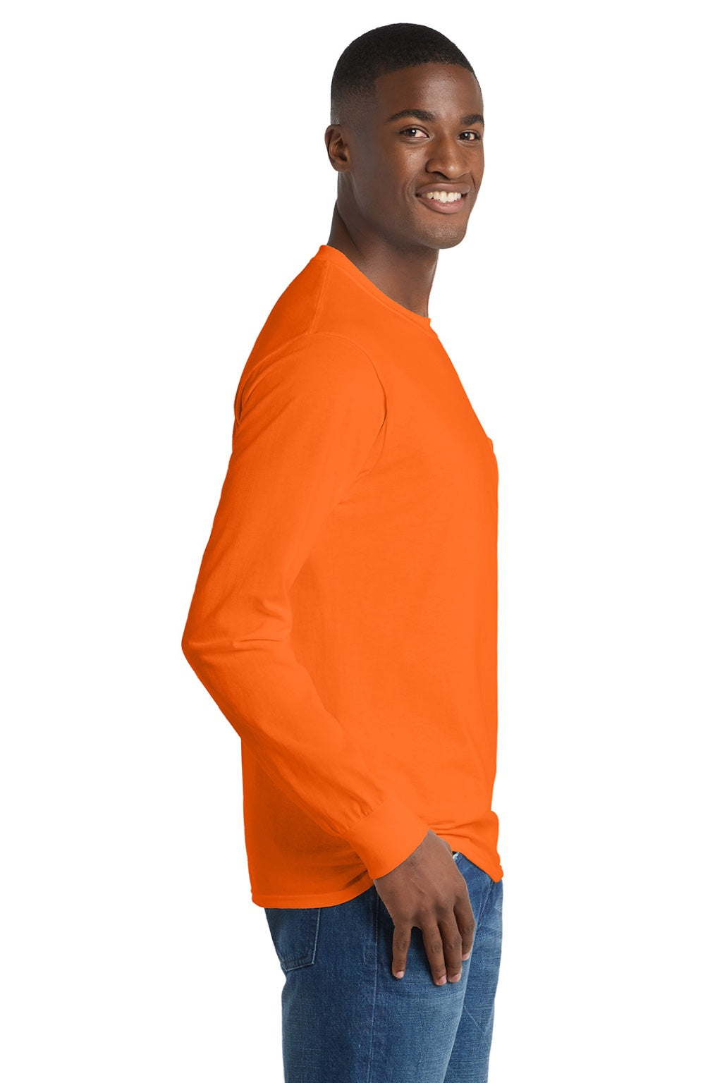 Mens Essential Long Sleeve Crewneck T-Shirt w/ Pocket - Safety Orange - NEW