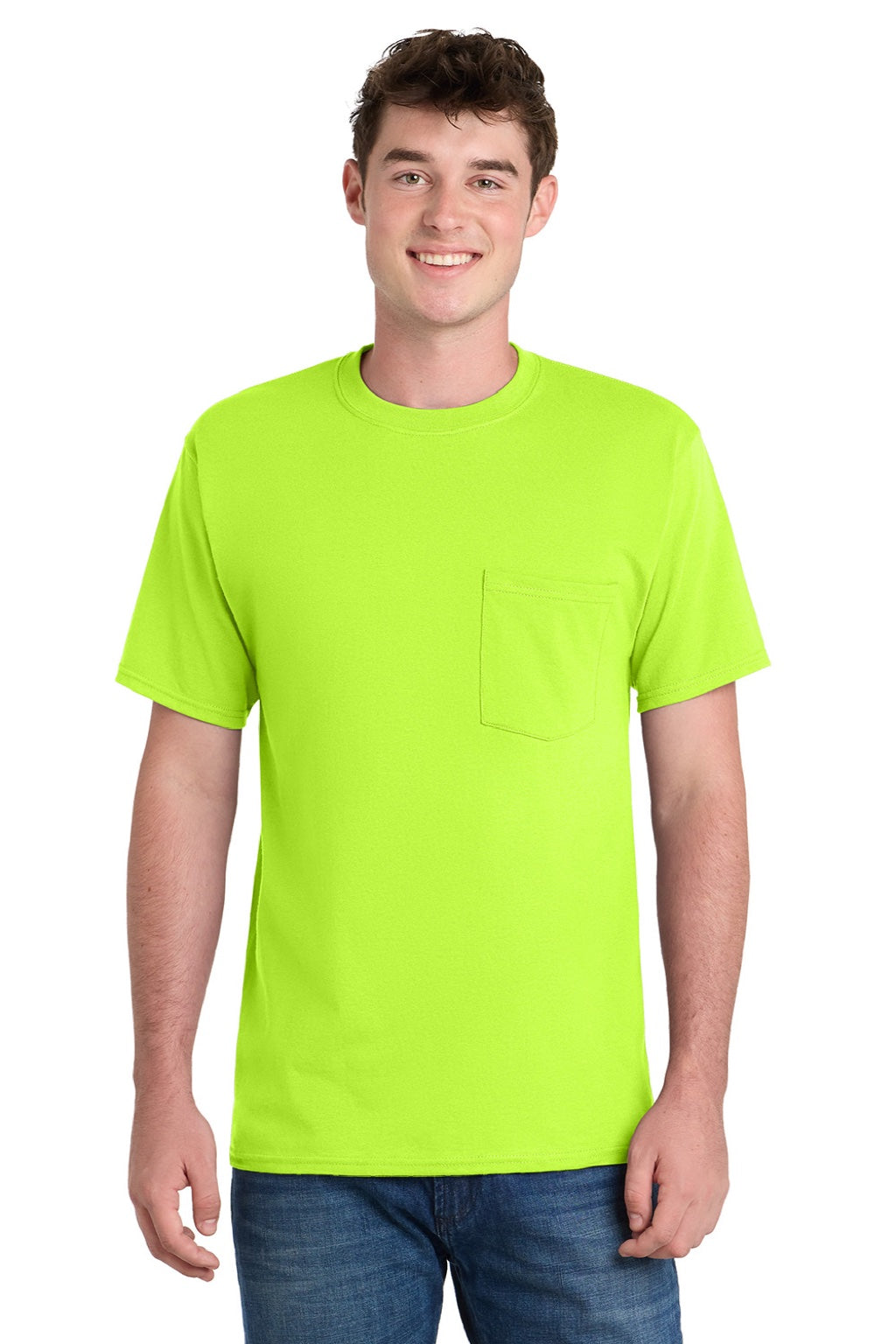 Mens Essential Short Sleeve Crewneck T-Shirt w/ Pocket - Safety Green - NEW