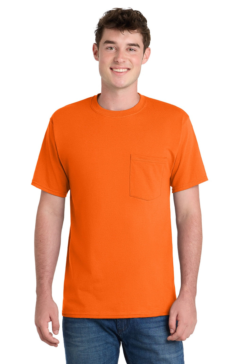 Mens Essential Short Sleeve Crewneck T-Shirt w/ Pocket - Safety Orange - NEW